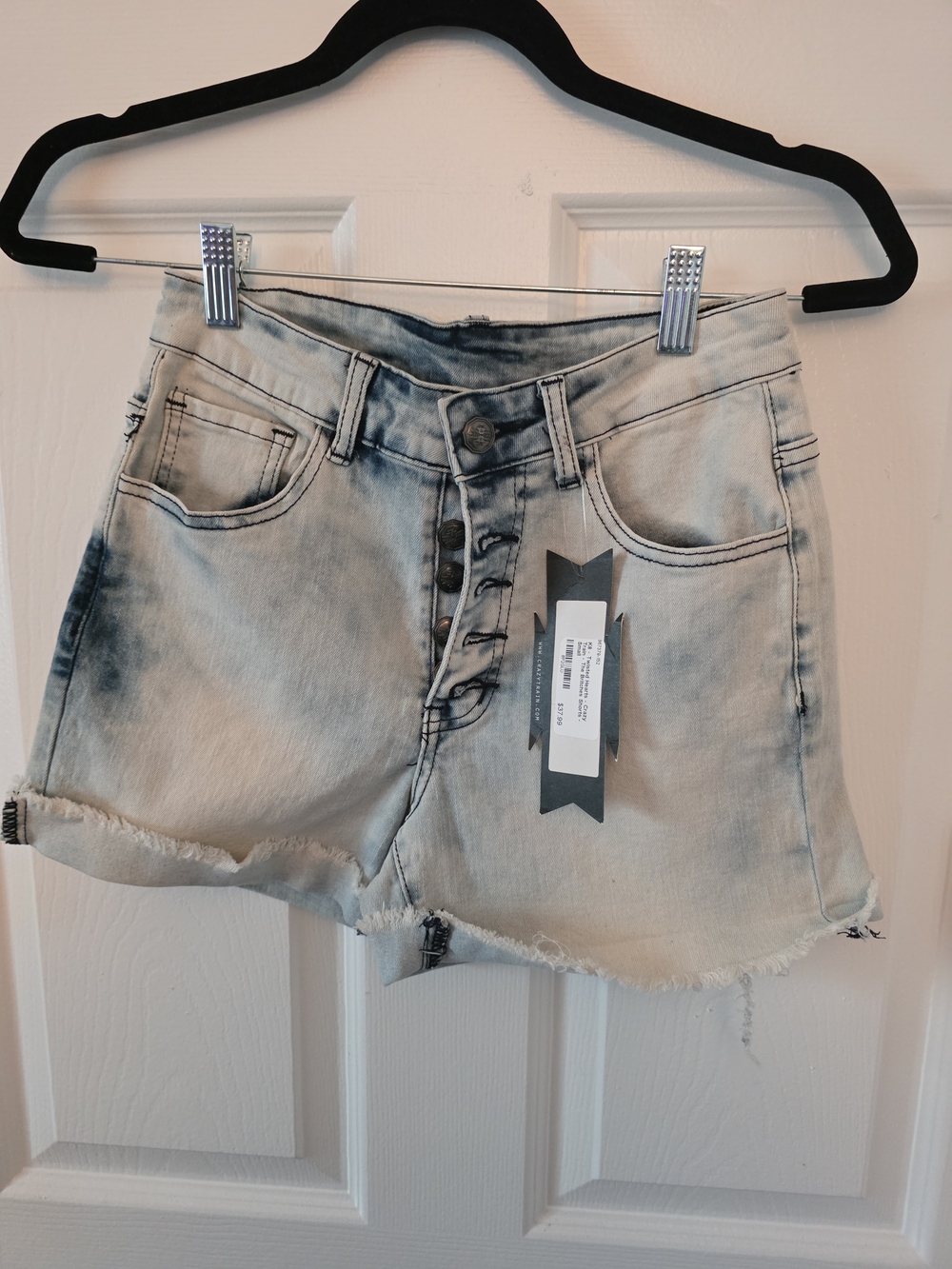 Crazy Train Women's Acid Wash Light Blue Button-Fly Denim Shorts